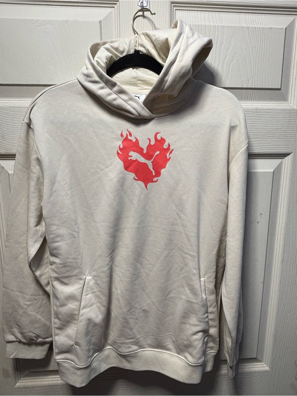 Puma Men’s Cream Crewneck Sweatshirt with Red Flame Heart Logo